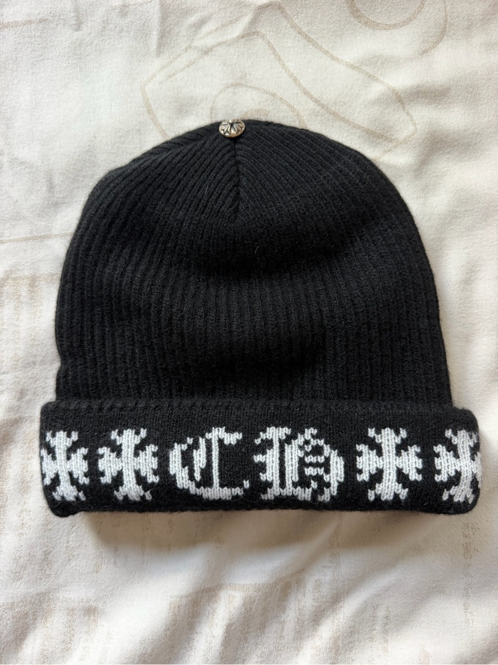 Chrome Hearts Black Beanie with White Cross Pattern